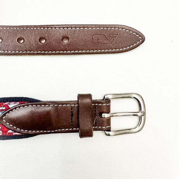 Vineyard Vines Whale Printed Navy Belt Brown Leather Accents Size 30 main image 4